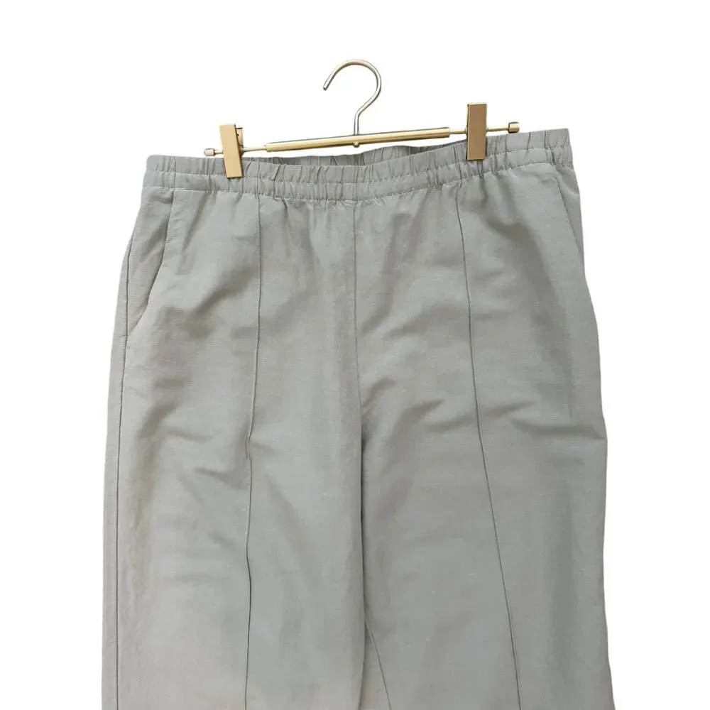 H&M Linen Blend Wide Leg Pants L Tan Smocked High Waist Pintuck Pleat